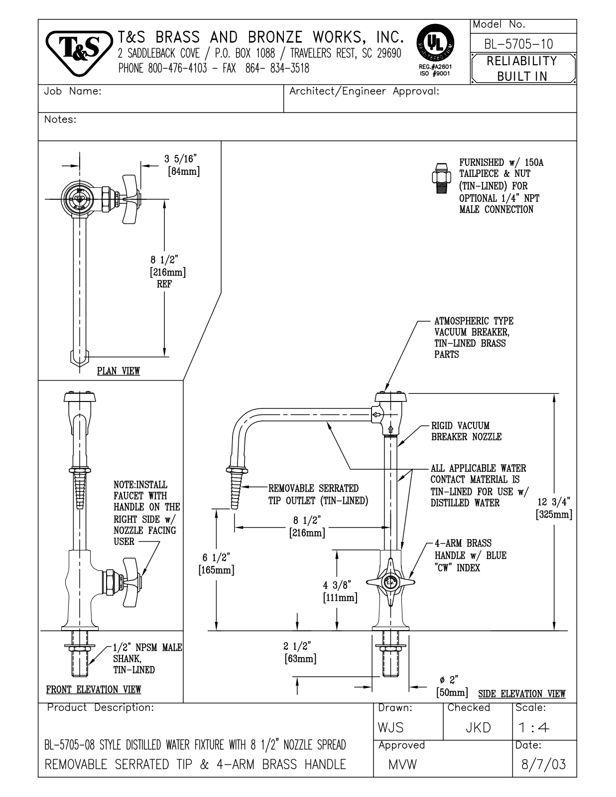 T&S Brass BL-5705-10 User Manual