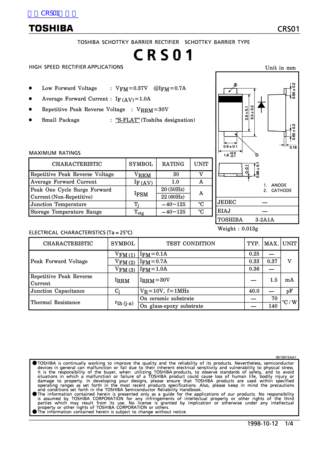 TOSHIBA CRS01 Technical data