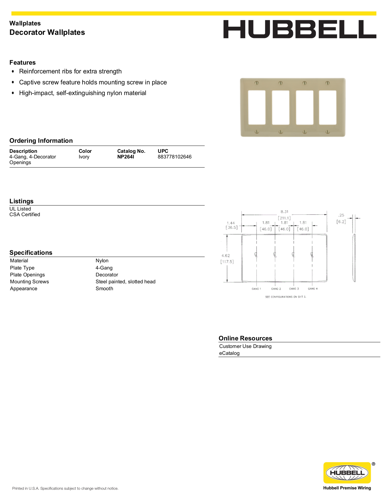 Hubbell NP264I Specifications