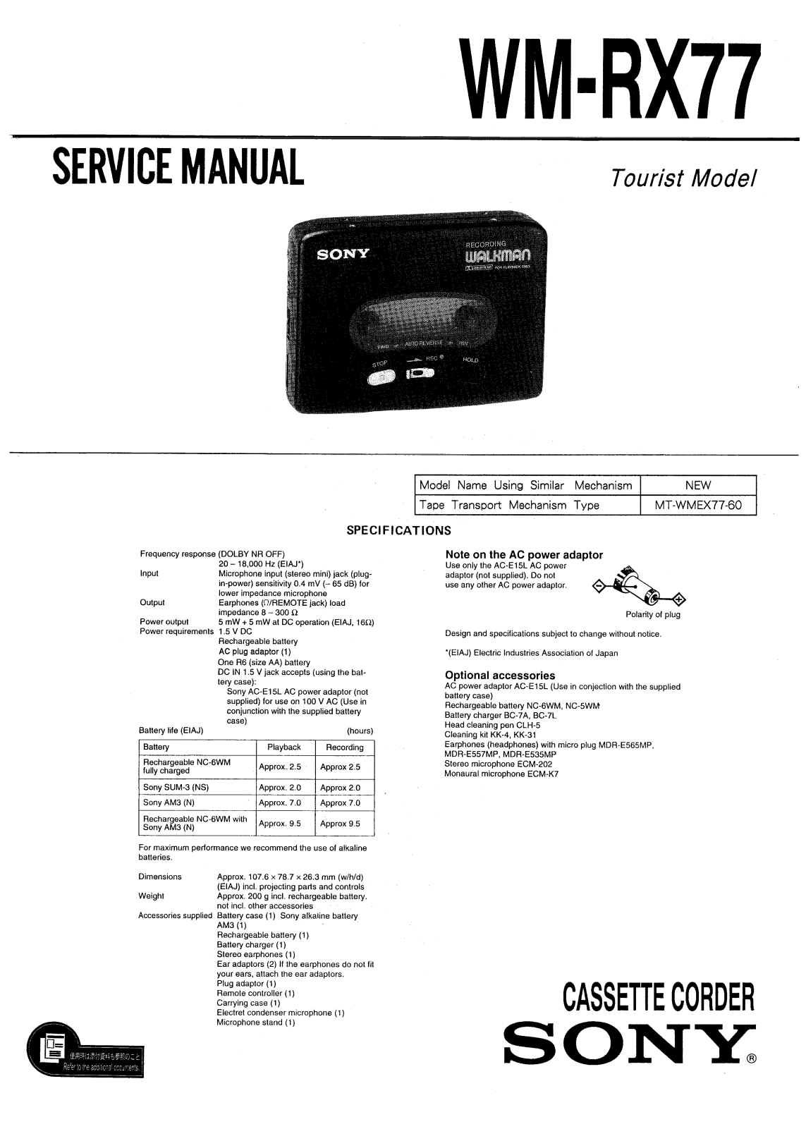 Sony WMRX-77 Service manual