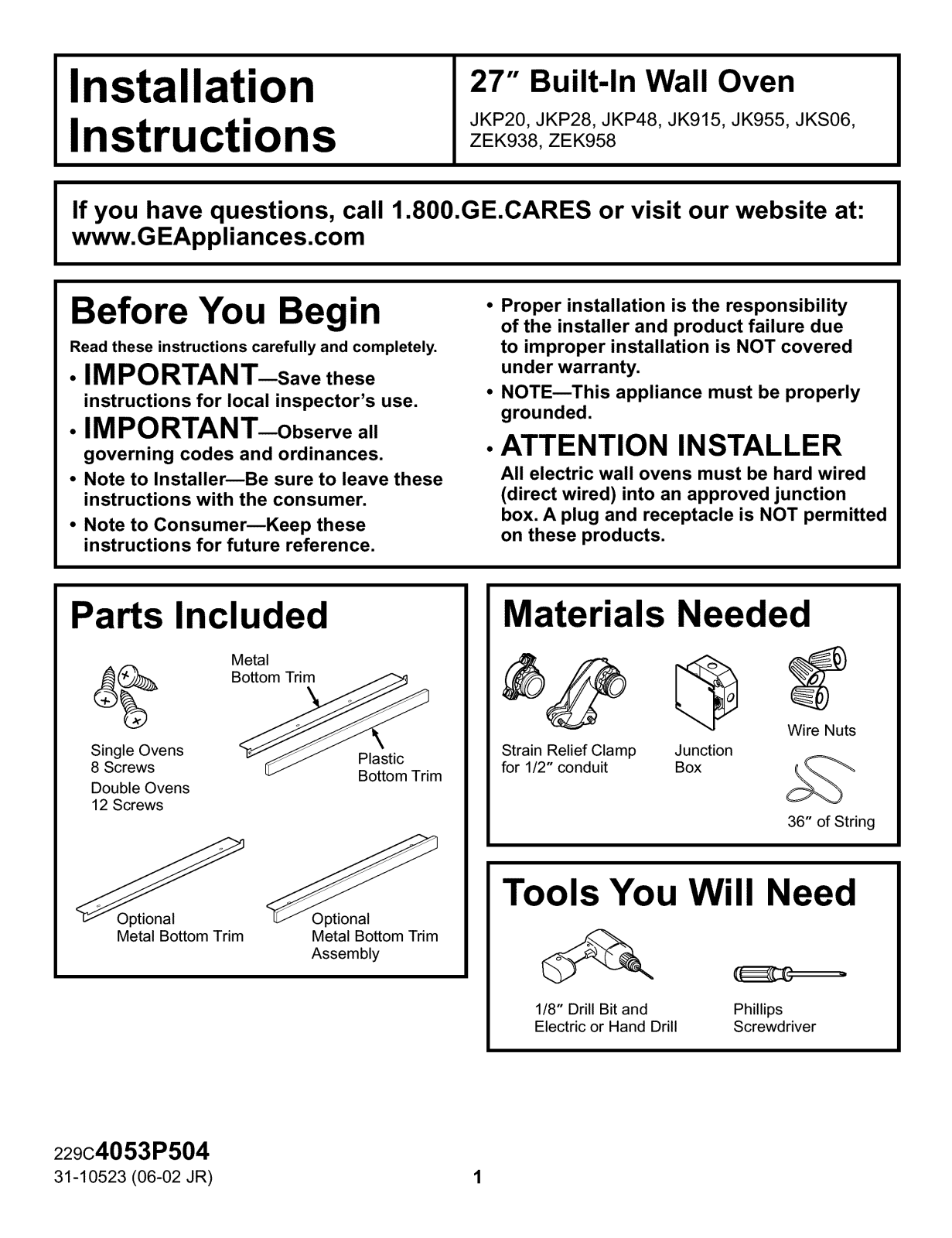 GE JK915BF1BB, JK915BF2BB, JK915BF3BB, JK915CF1CC, JK915CF2CC Installation Guide - ManualMachine.com