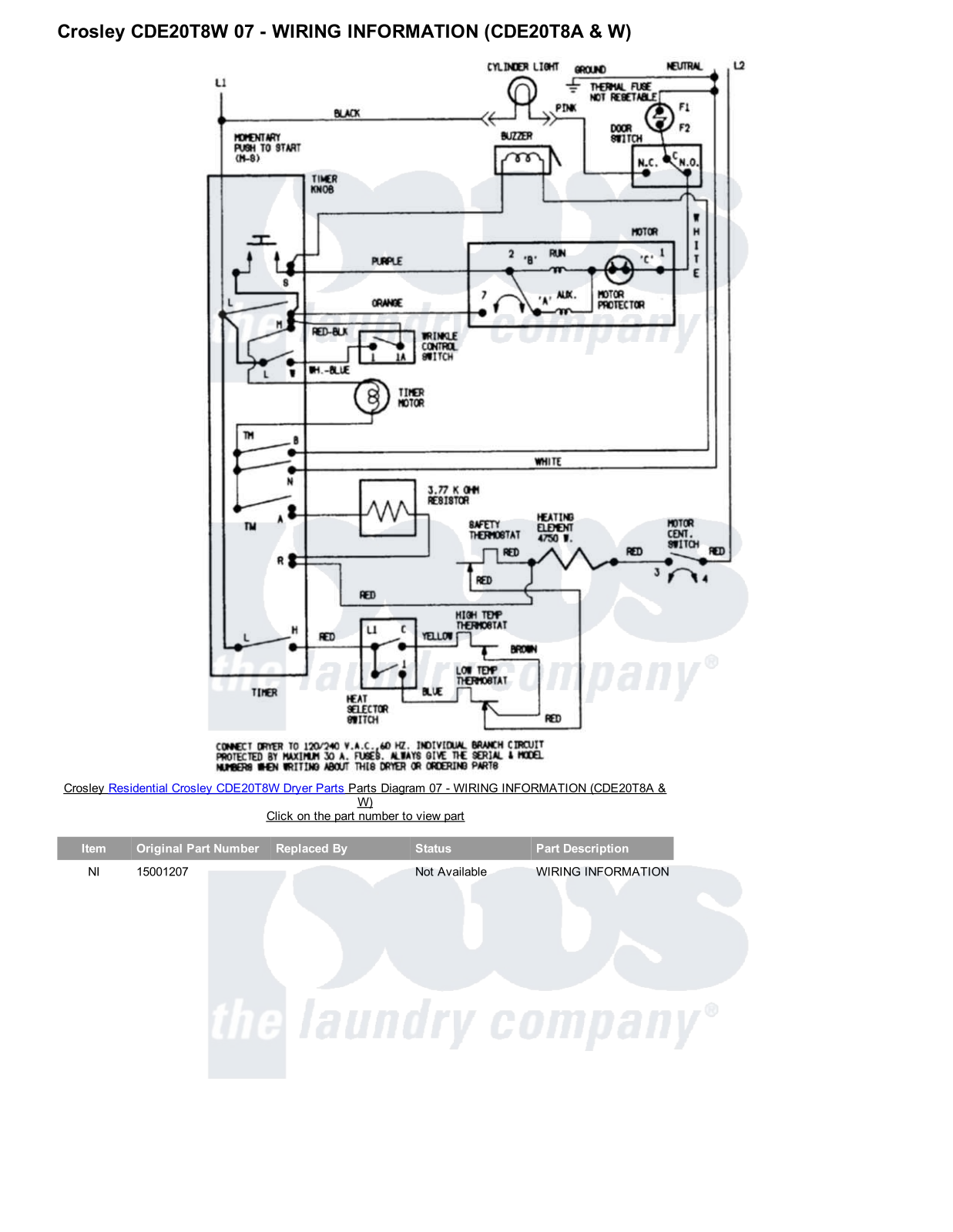 Crosley CDE20T8W Parts Diagram