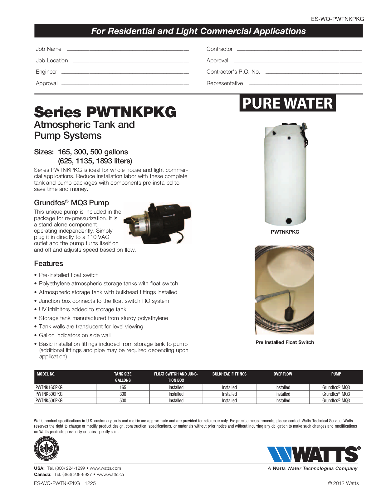 Watts PWTNKPKG User Manual