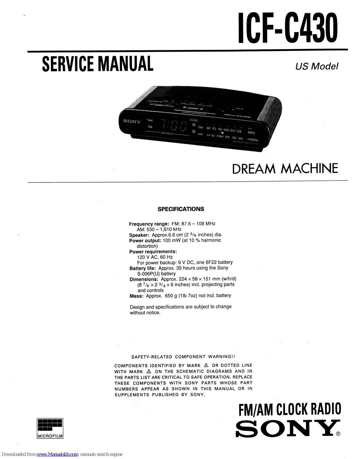 Sony DREAM MACHINE ICF-C430 Service Manual