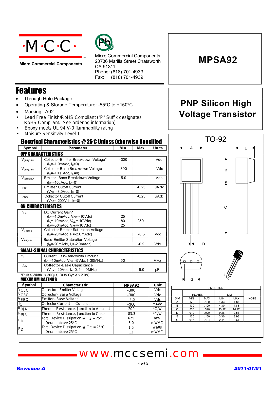 Datasheet mpsa92_to-92 Datasheet - ManualMachine.com