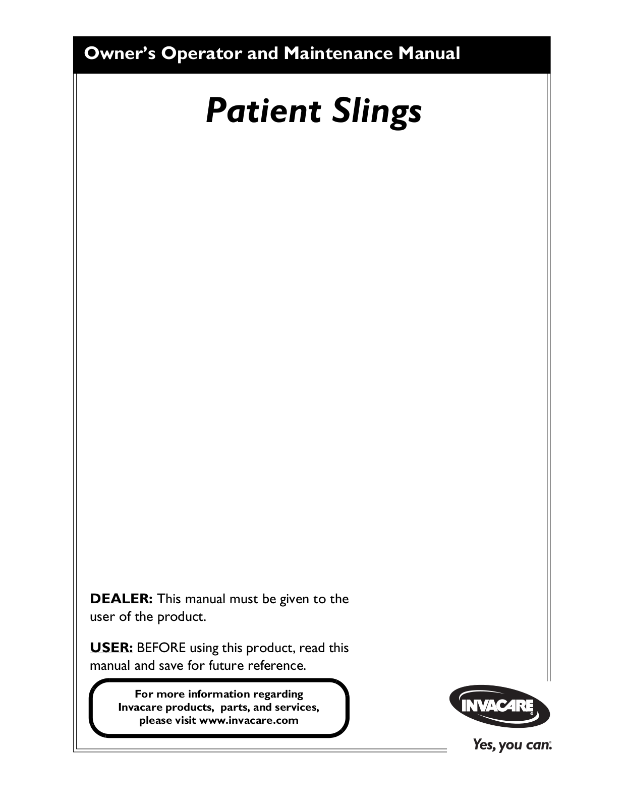 Invacare Patient Slings Owners Manual