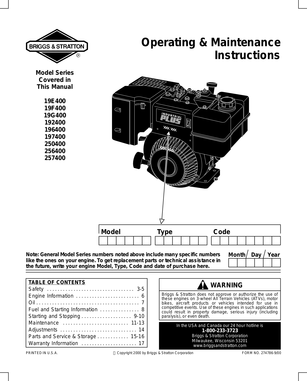 Briggs & Stratton 19E400, 19F400, 19G400, 192400, 196400 User Manual