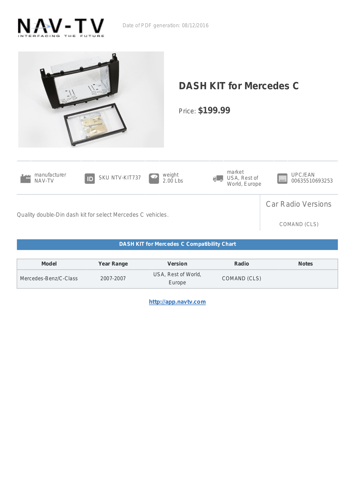 NAV-TV DASH KIT for Mercedes C Specification Sheet