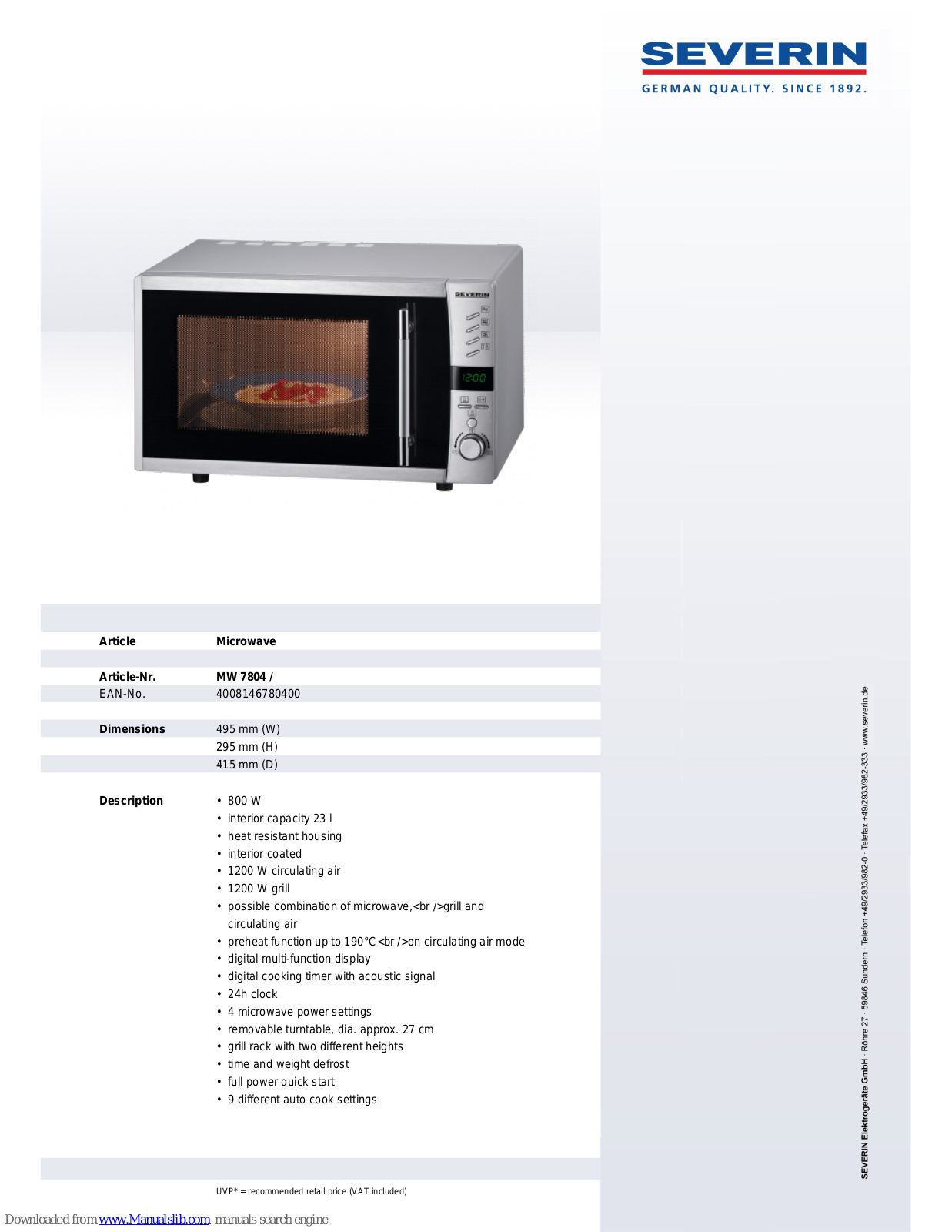 SEVERIN MIKROWELLE MIT GRILL UND UMLUFT MW 7804,MW 7804 Datasheet