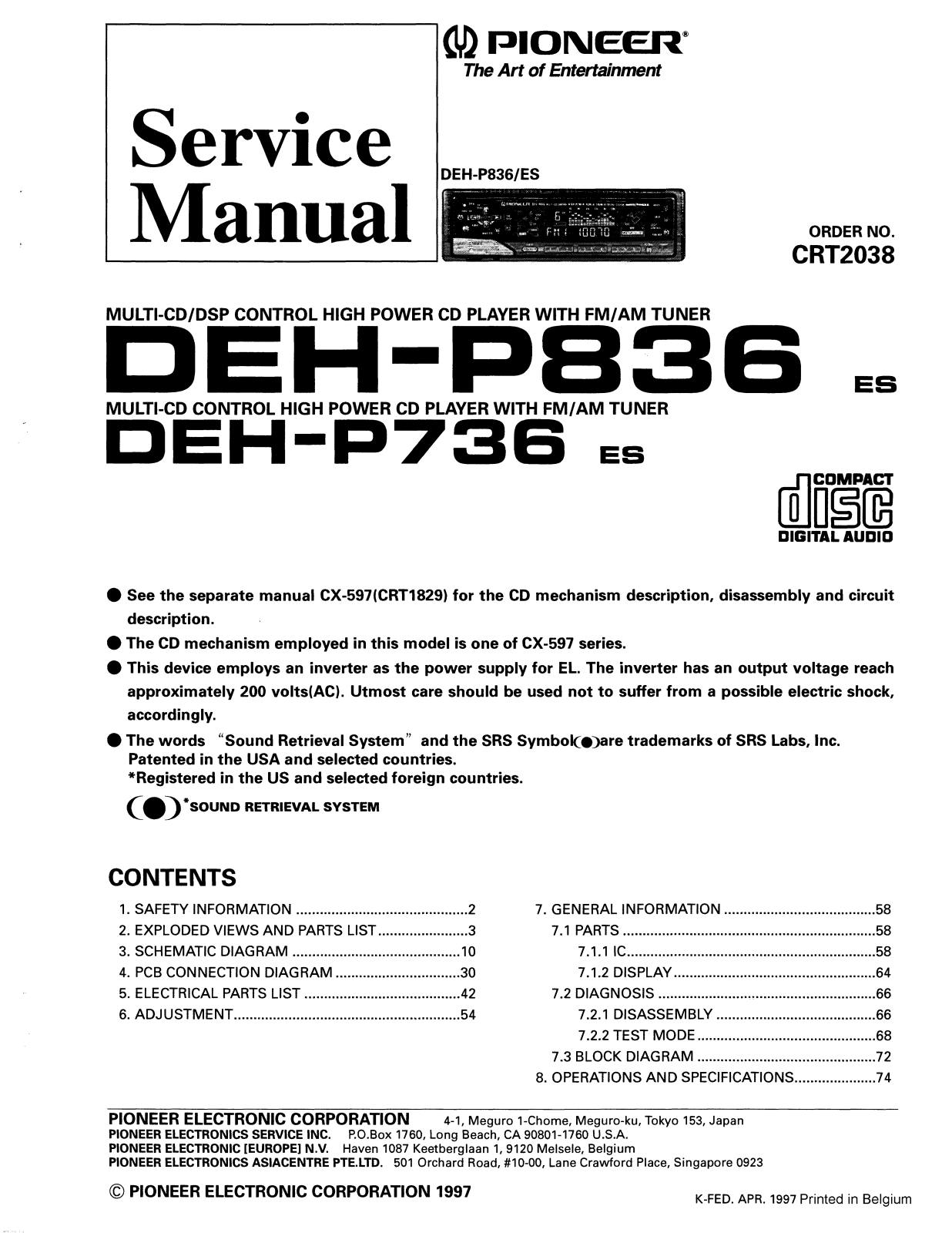 Pioneer DEH-P836 Service Manual