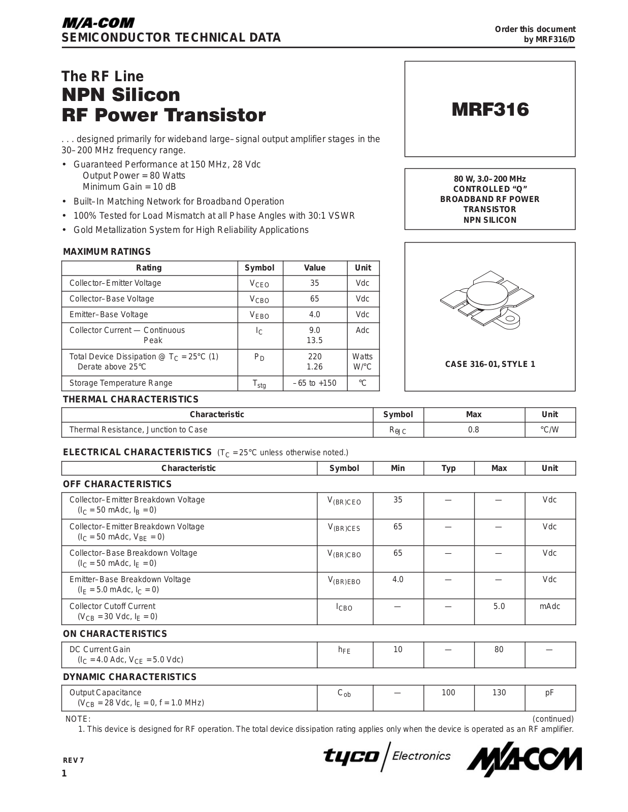 M A COM MRF316 Datasheet