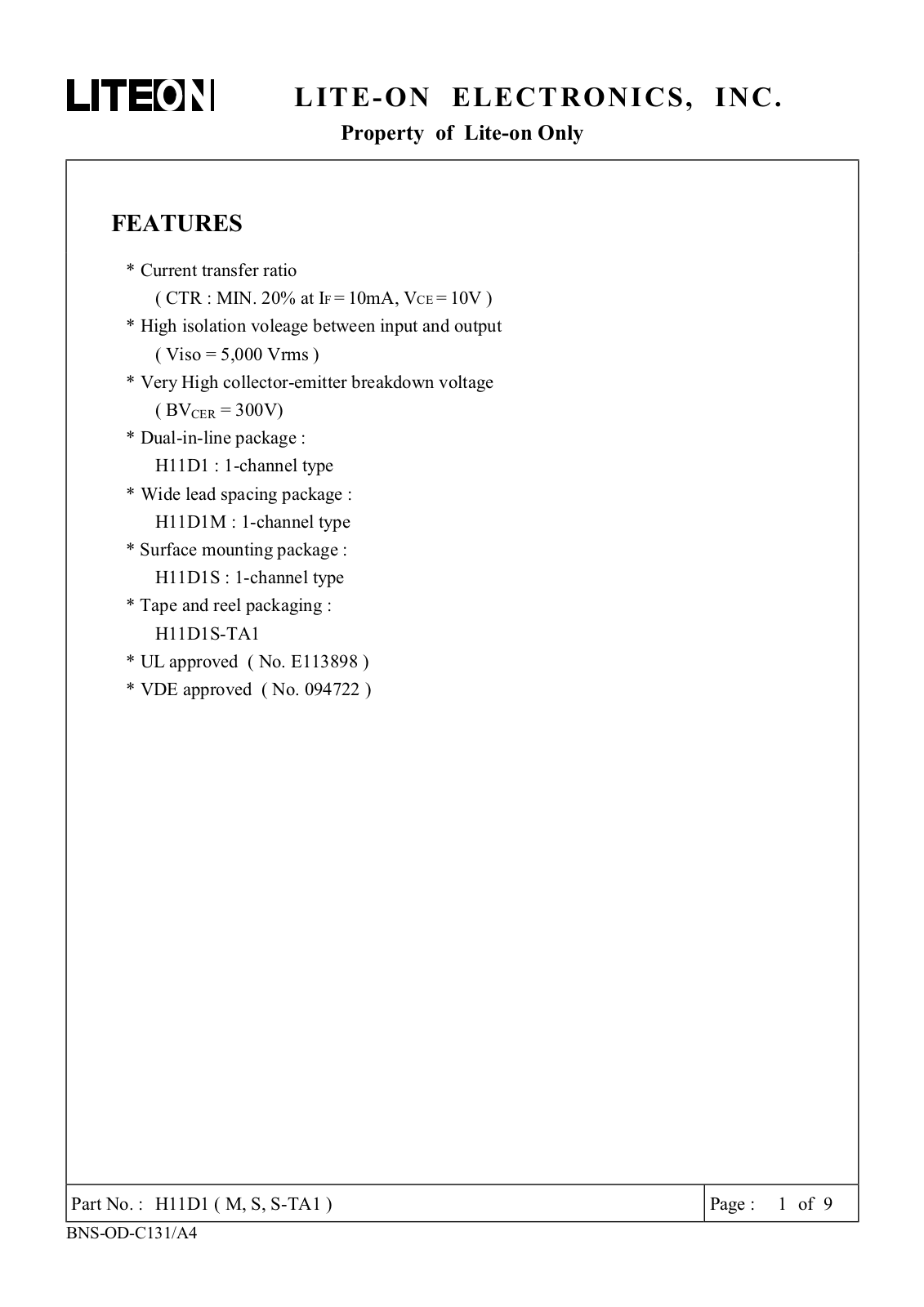 LITEON H11D1S-TA1, H11D1S, H11D1 Datasheet