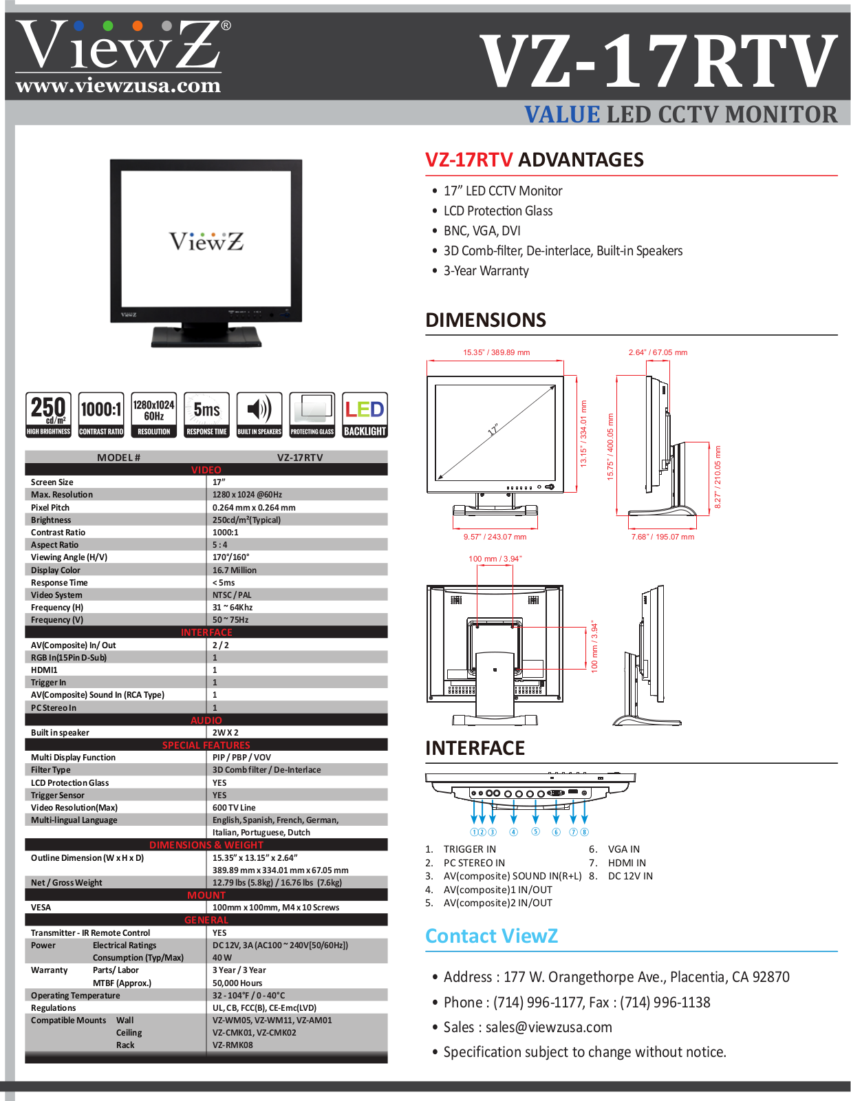 ViewZ VZ-17RTV Specsheet