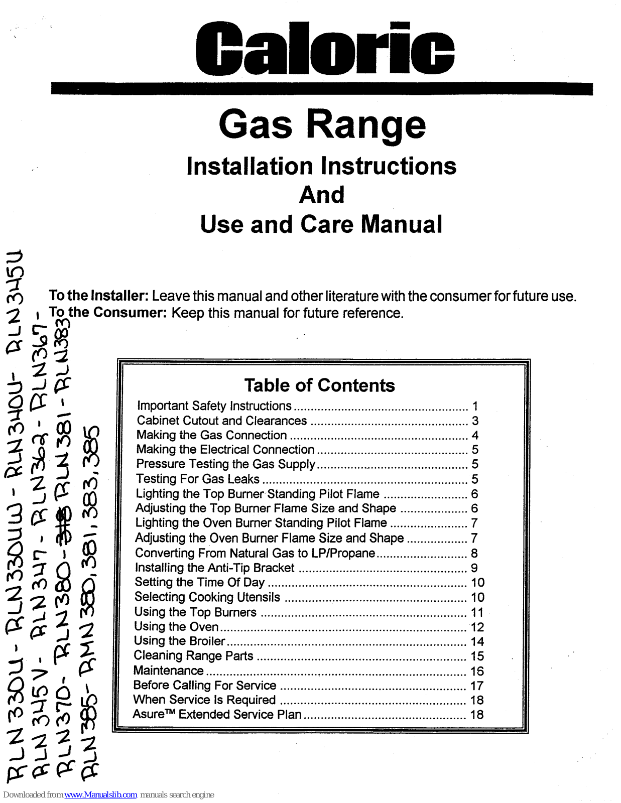 Caloric P1142815NW, P1143073NW, P1143173NW, P1143188NW, P1142955NW Installation Instructions And Use And Care Manual