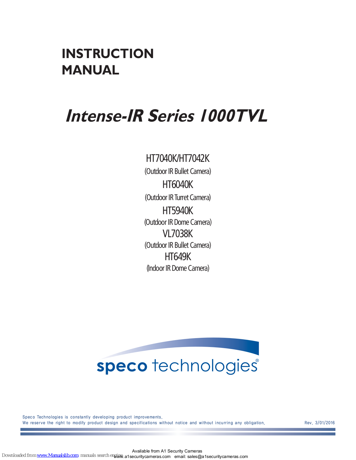 Speco HT7040K, Intense-IR Series 1000TVL, HT7042K, VL7038K, HT649K Instruction Manual