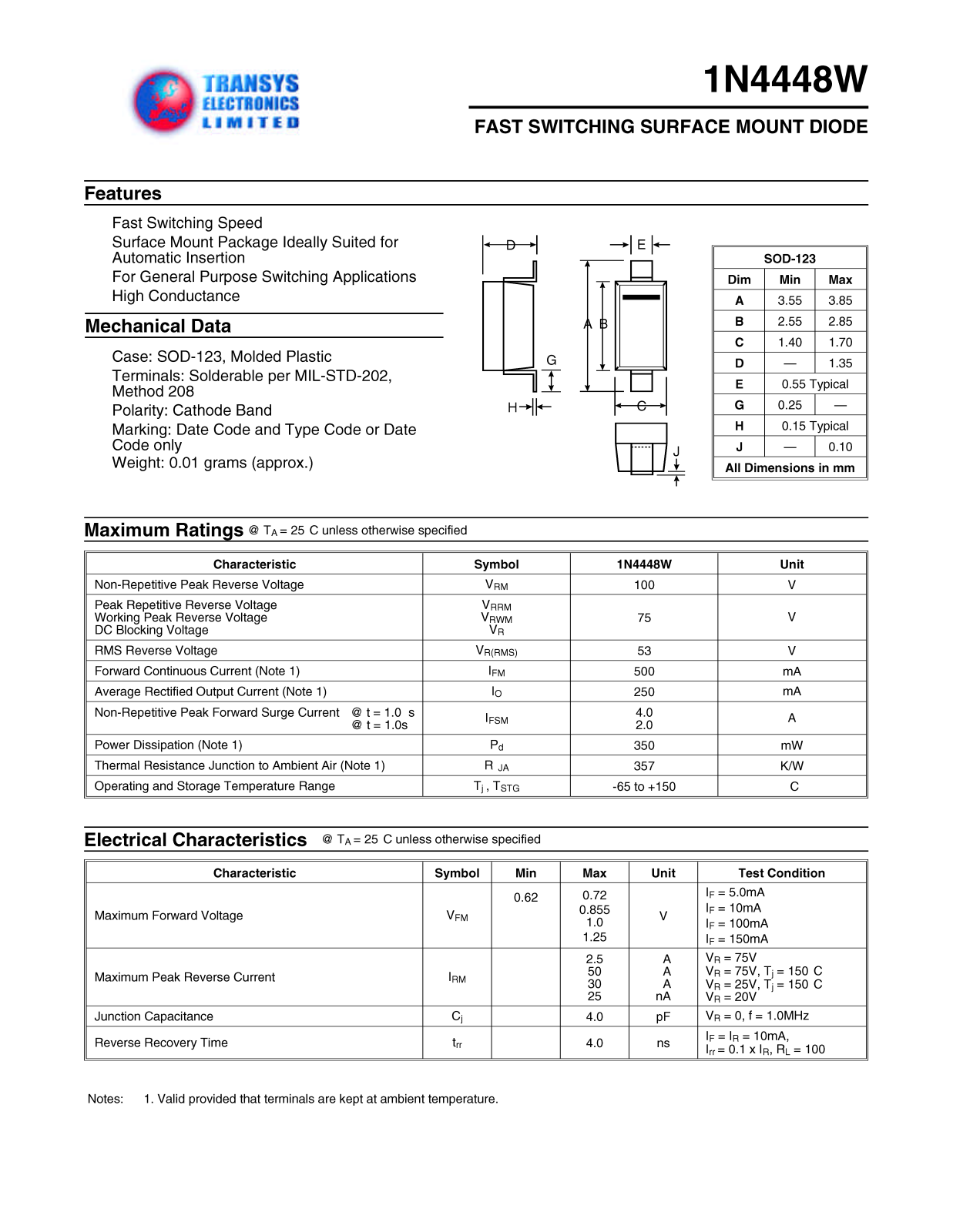 TEL 1N4448W, 1N4448W Datasheet