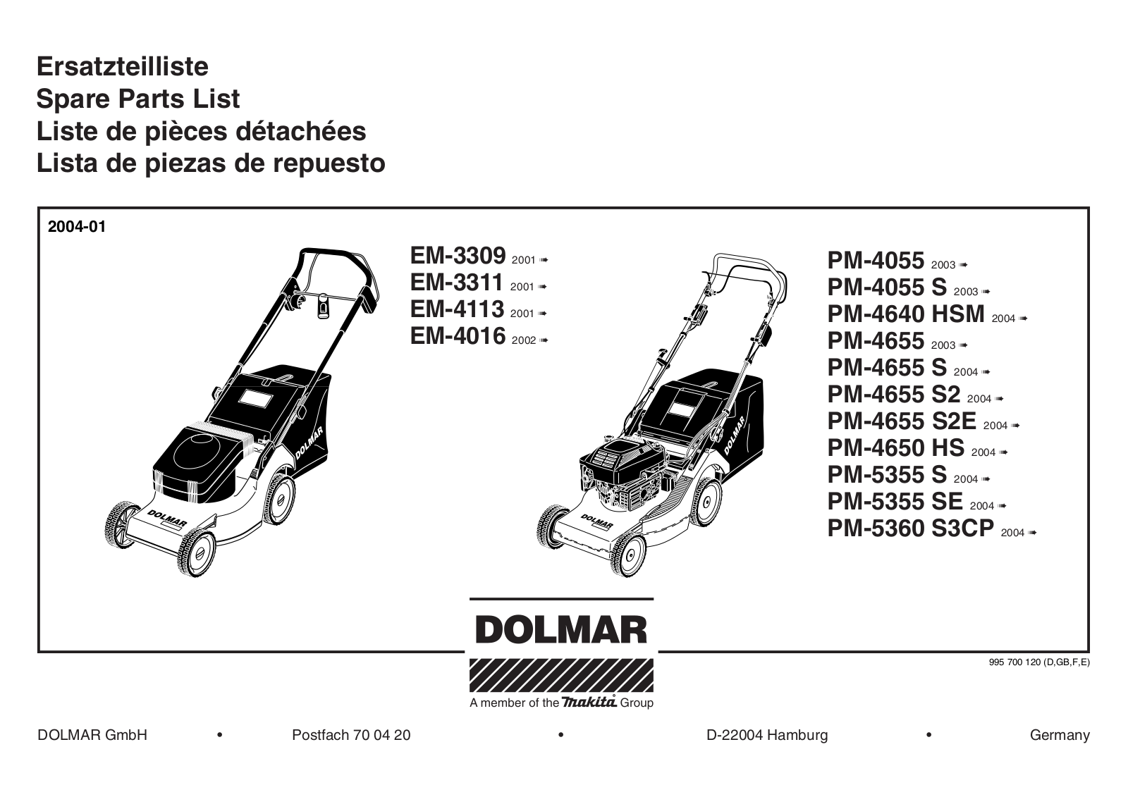 Dolmar EM-3311, PM-4640 HSM, PM-5360S3CP, PM-4655, PM-4055 S Spare Parts List
