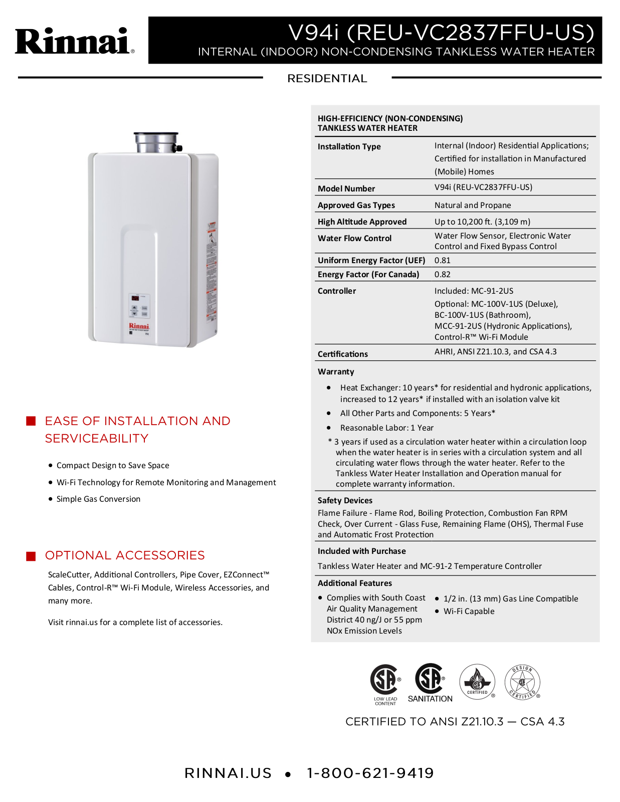 Rinnai Water Heater V94iN Specifications