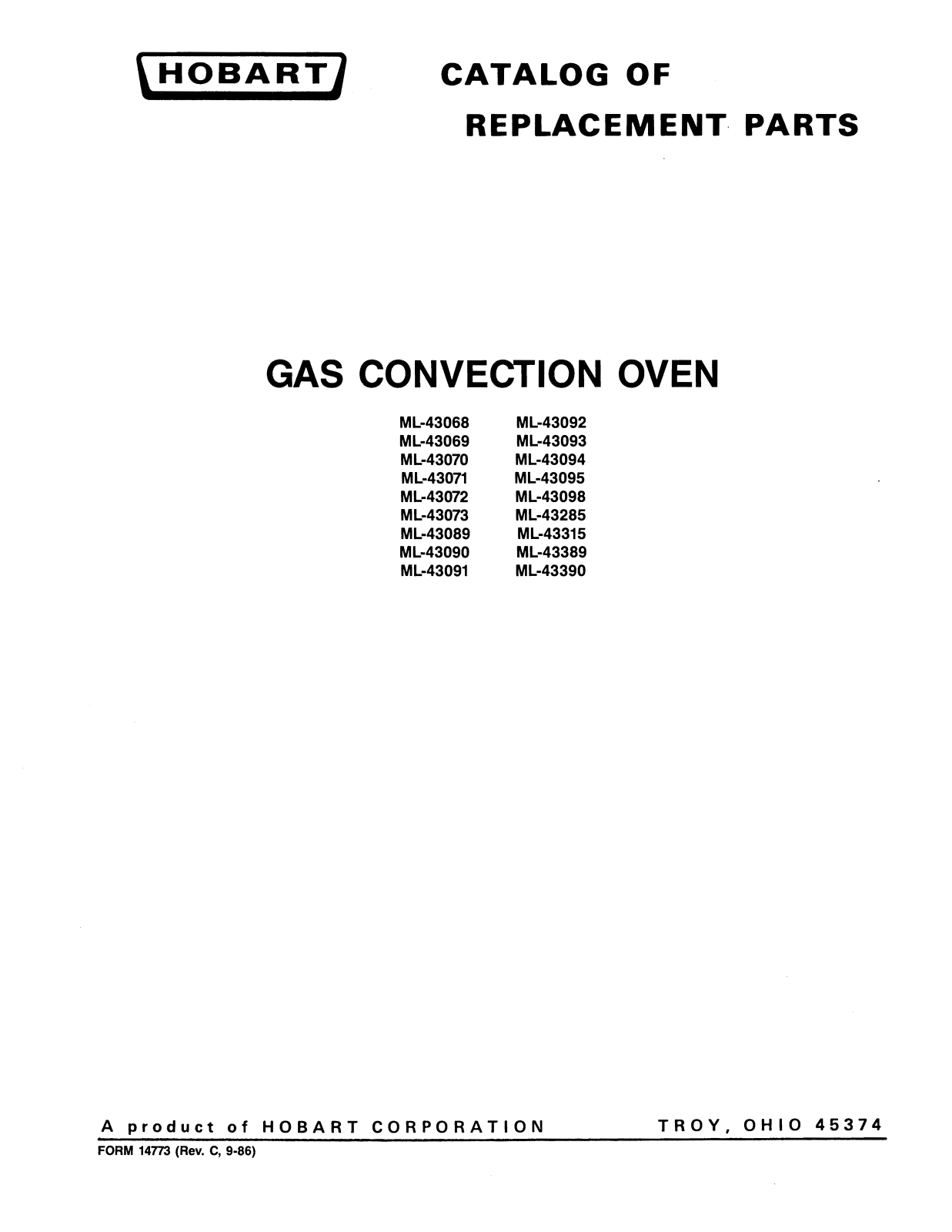 Hobart ML Gas Ovens Parts List