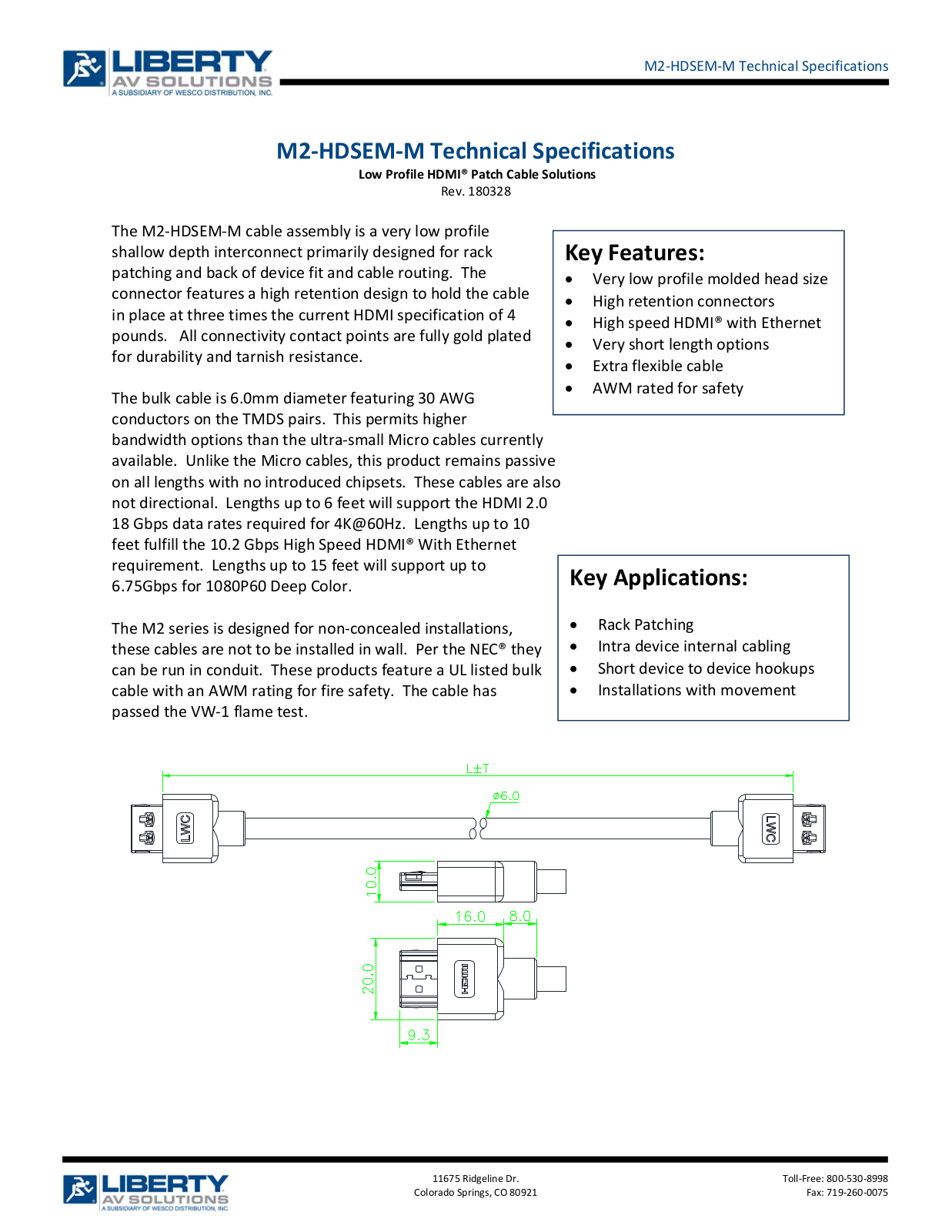 Liberty AV M2-HDSEM-M-08F, M2-HDSEM-M-05F, M2-HDSEM-M-01F Specifications