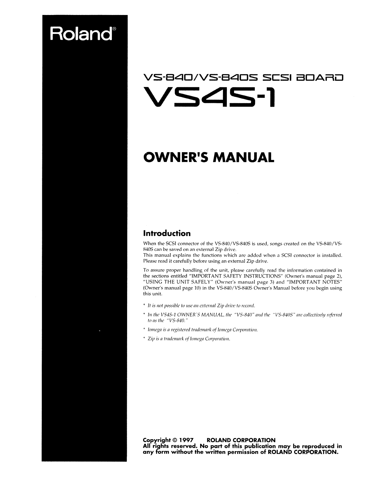 Roland Corporation VS4S-1 Owner's Manual