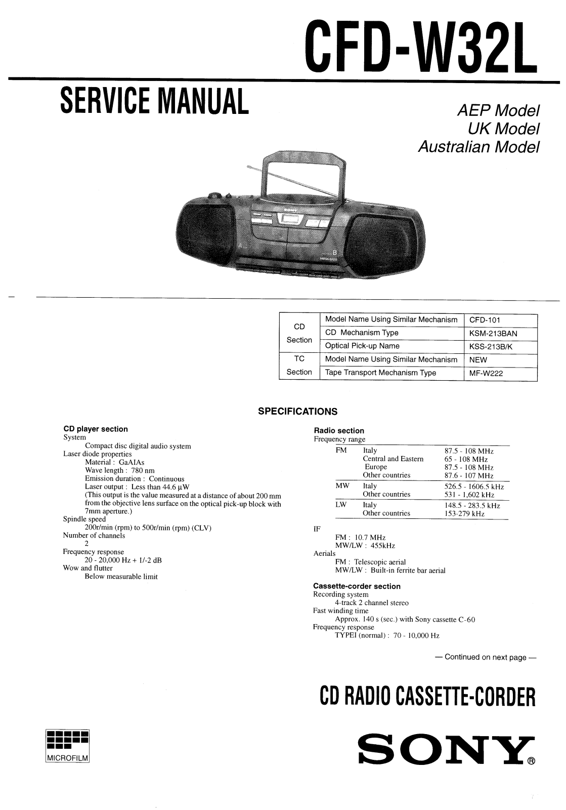 Sony CFDW-32-L Service manual