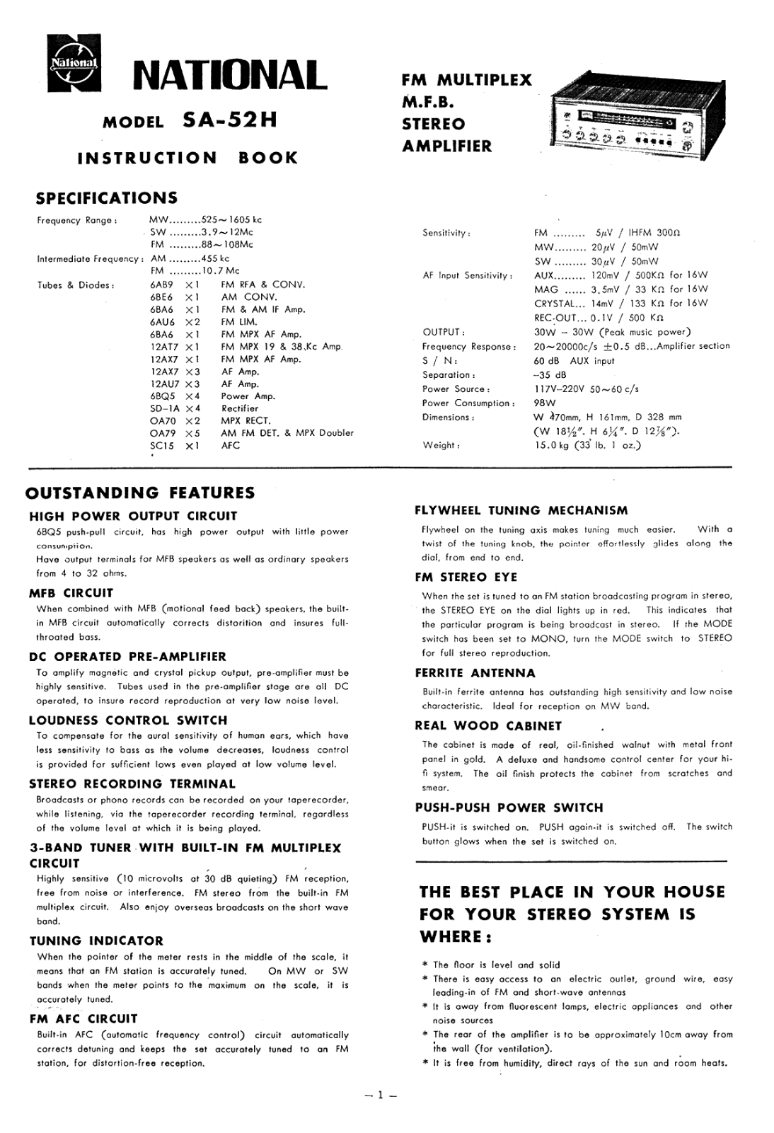 National SA-52H Owners Manual