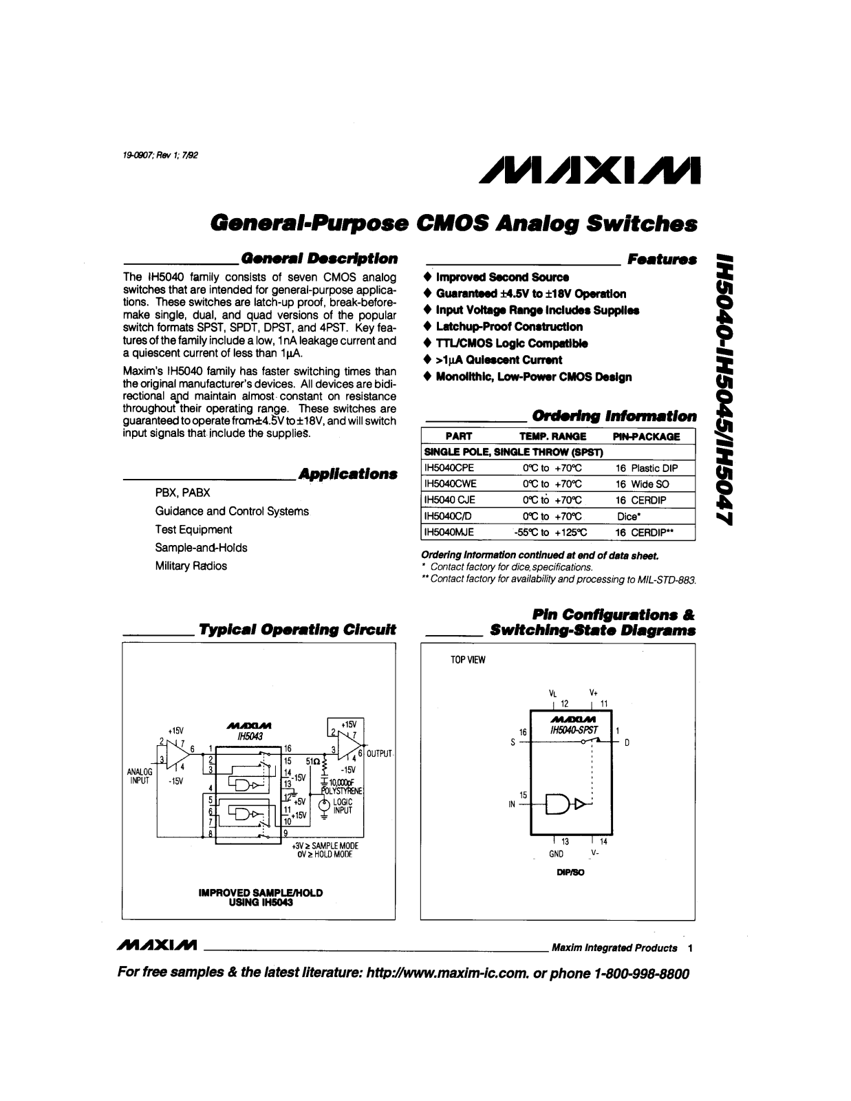 Maxim IH5047CPE, IH5047CJE, IH5045CWE, IH5045CPE, IH5045CJE Datasheet