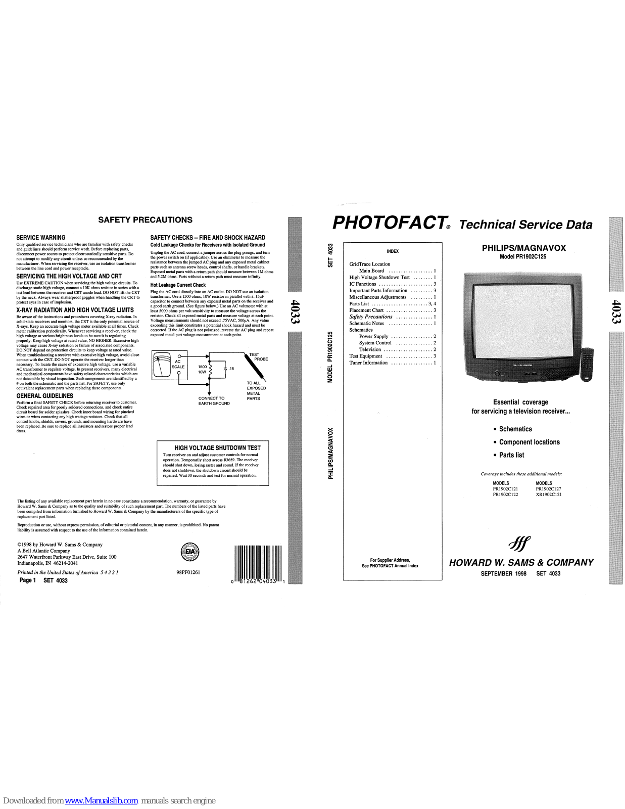 Philips/Magnavox PR1902C125, PR1902C122, PR1902C121, PR1902C127, XR1902C121 Technical Service Data