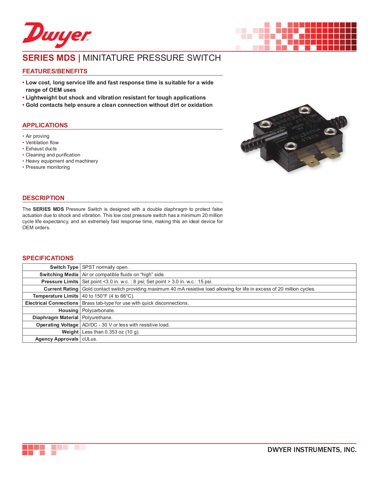 Dwyer Instruments SERIES MDS Data Sheet