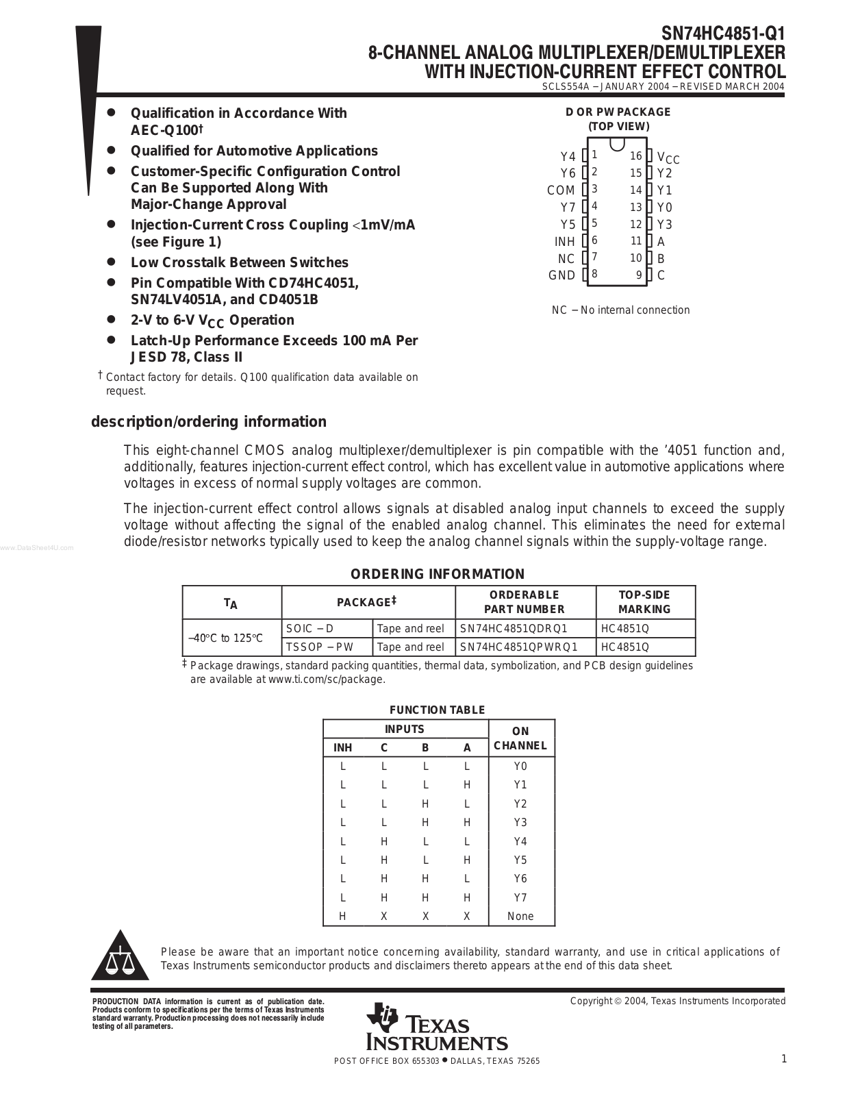 Texas Instruments SN 74 HC 4851 – Q 1 INSTALLATION INSTRUCTIONS