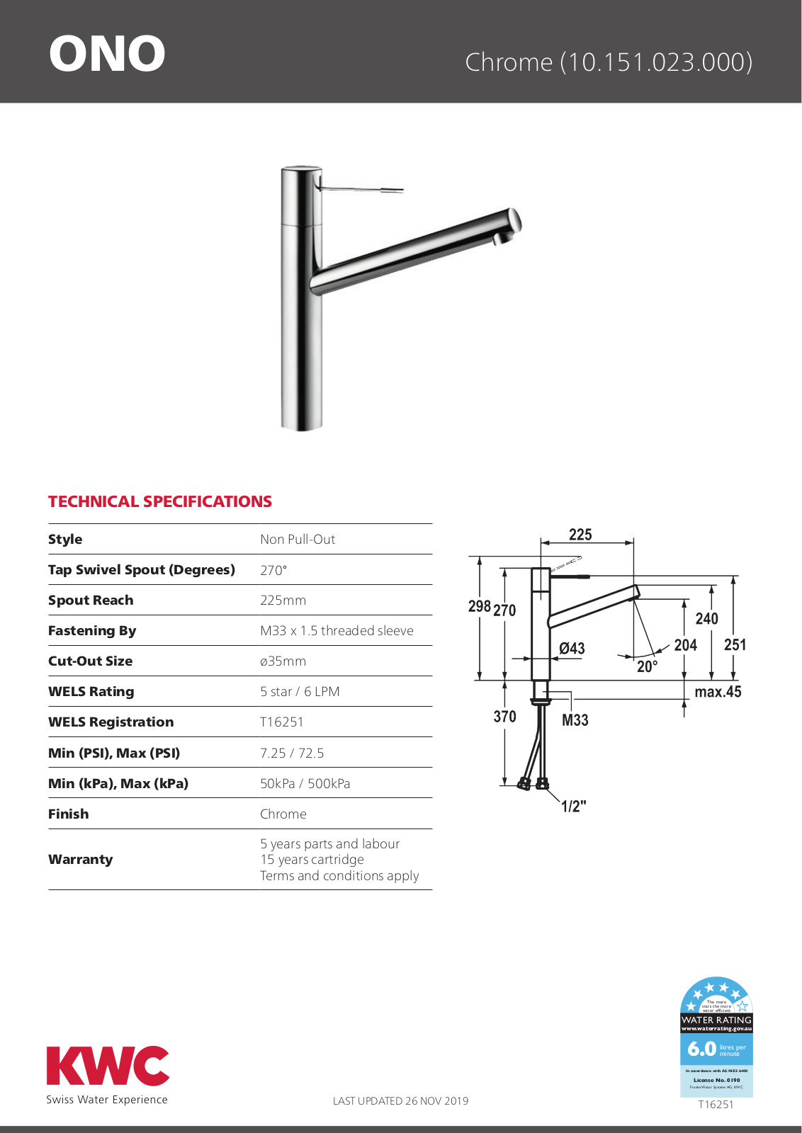 KWC 10151023000 Specifications Sheet