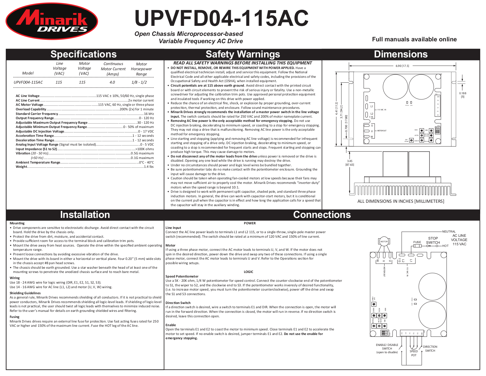 Minarik Drives UPVFD04-115AC Quick Start Guide