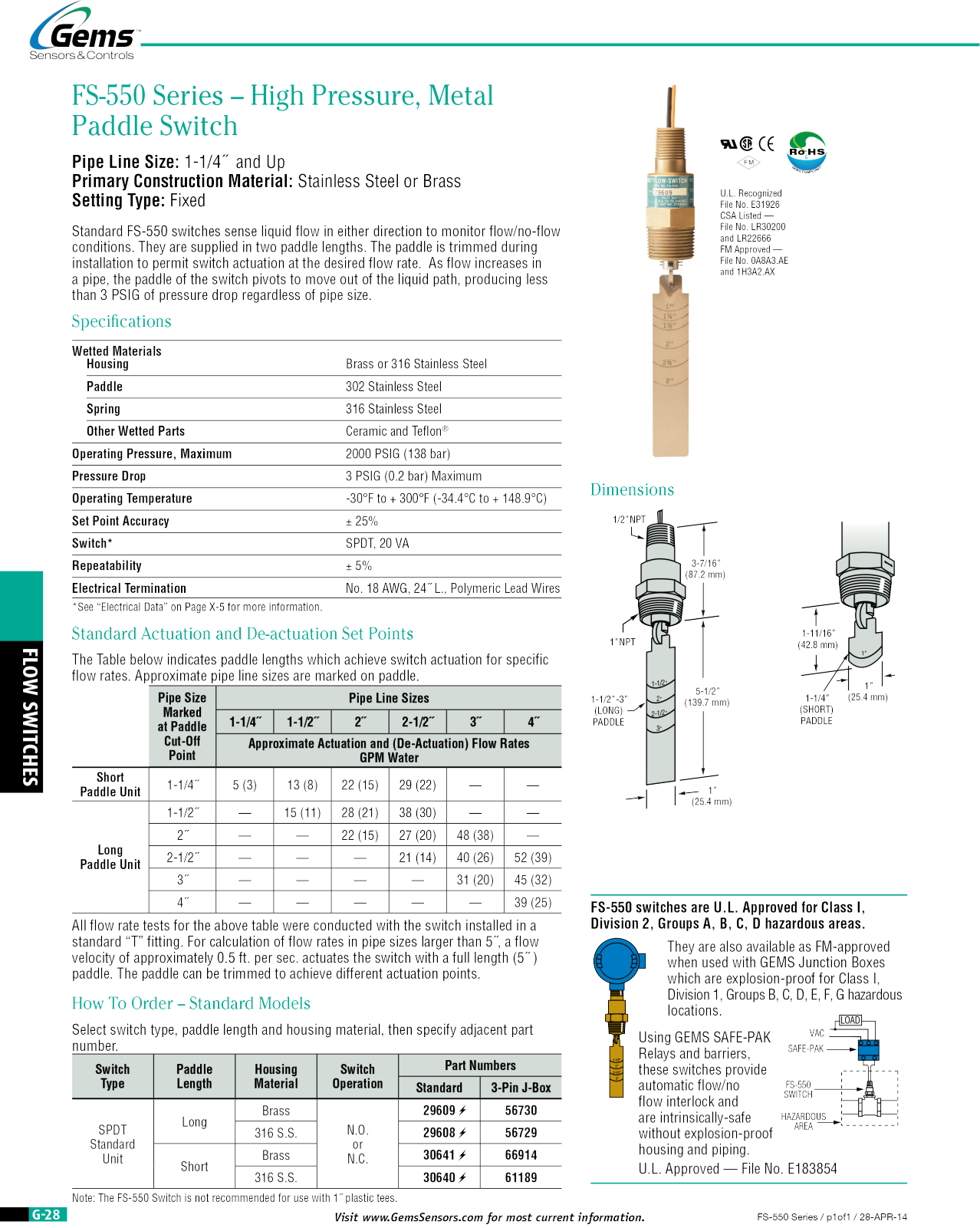 Gems Sensors & Controls FS-550 Specifications