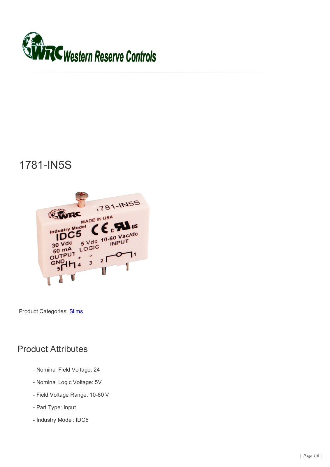 Western Reserve Controls 1781-IN5S Data Sheet