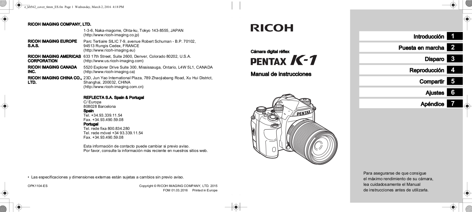 Pentax K-1 Manual de Operación