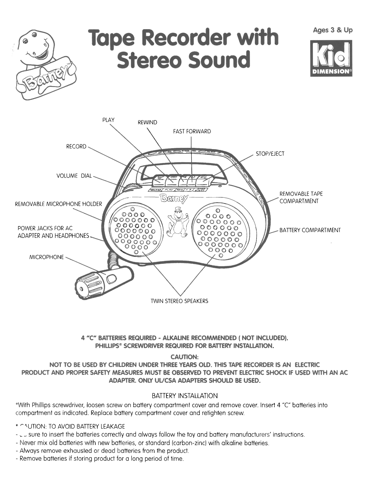 HASBRO Barney Tape Recorder with Stereo Sound Kid User Manual