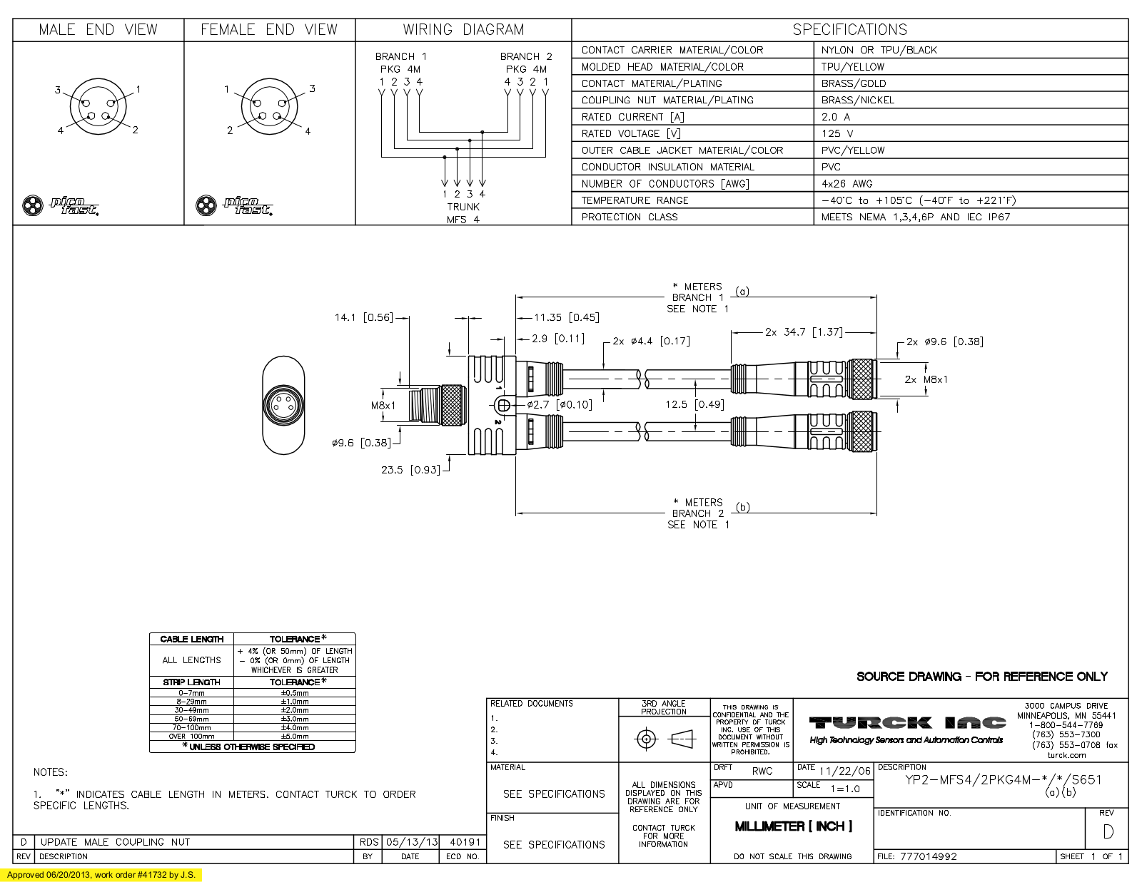 Turck YP2-MFS4/2PKG4M-1/1/S651 Specification Sheet