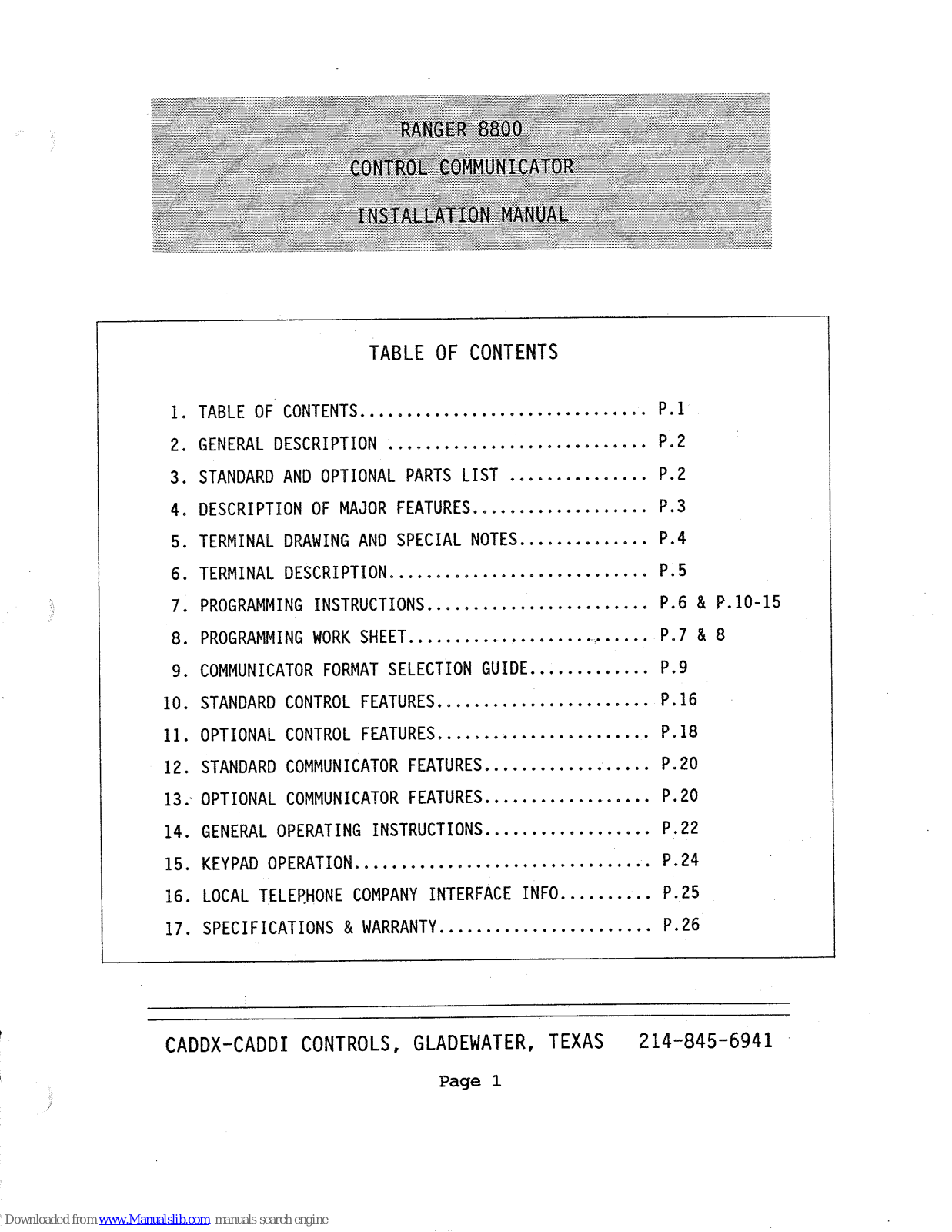 CADDX Ranger 8800 Installation Manual