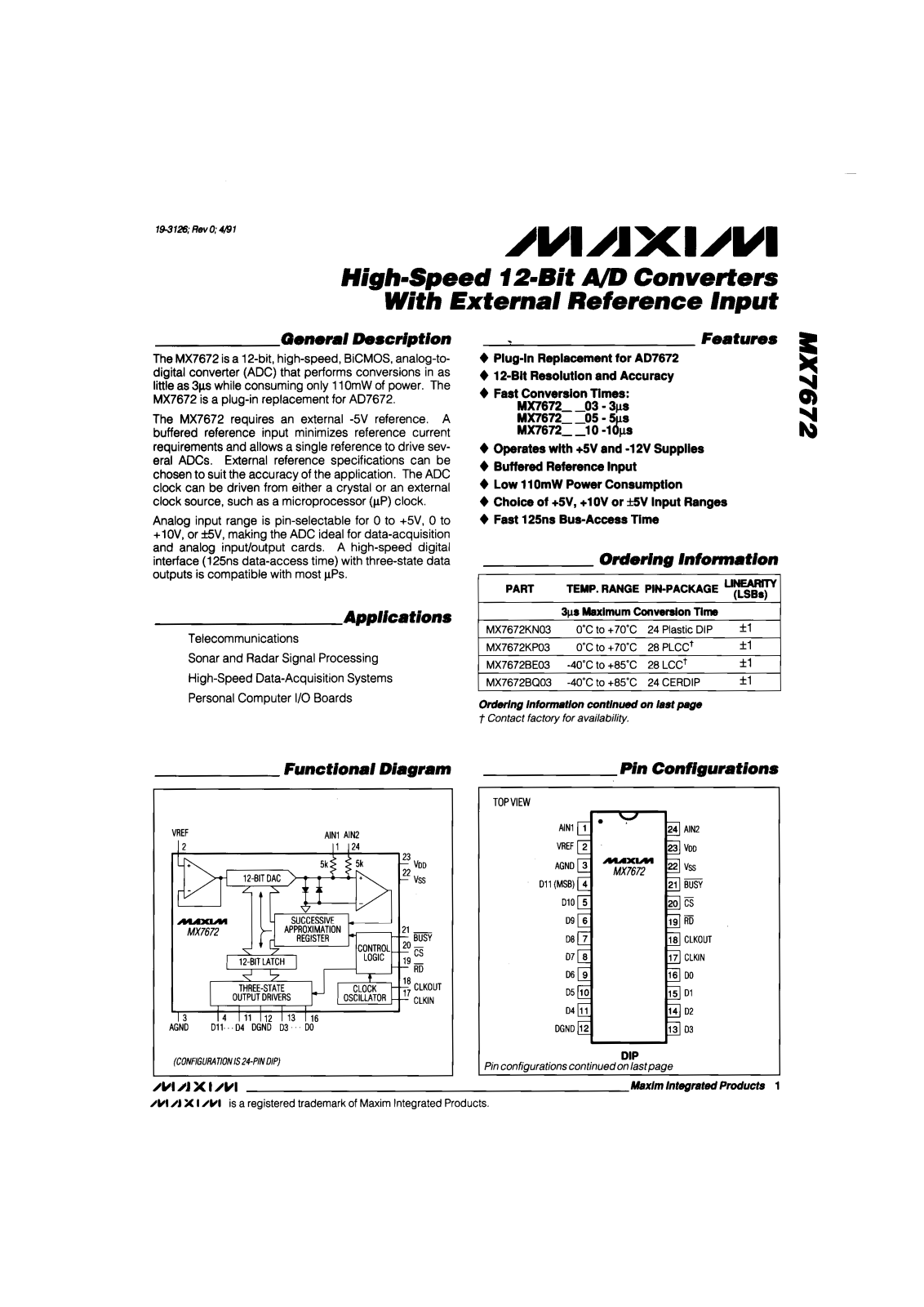 Maxim MX7672UQ10, MX7672BE03, MX7672BQ03, MX7672BQ05, MX7672BQ10 Datasheet