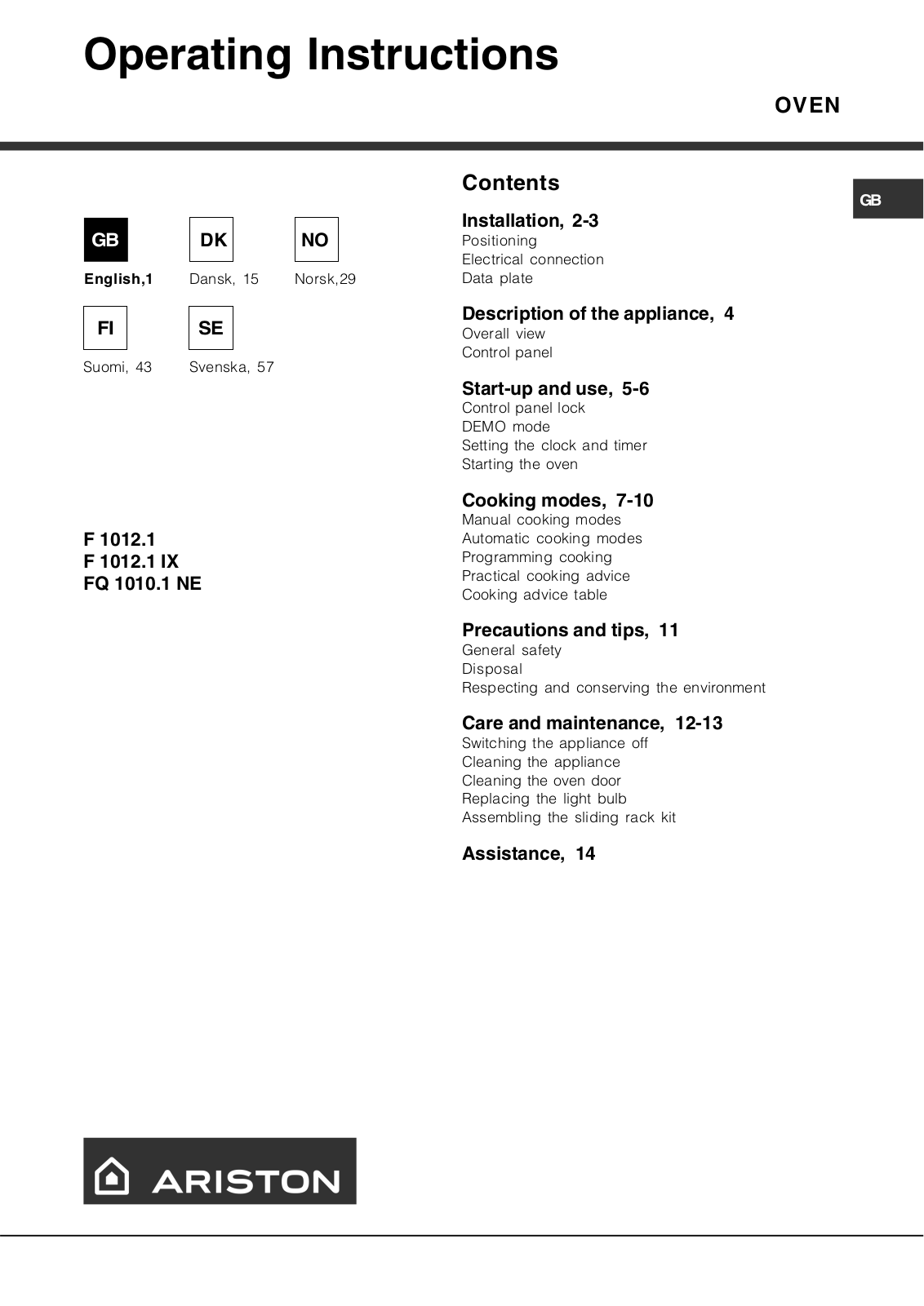 Hotpoint F 1012.1 IX, FQ 1010.1 User Manual