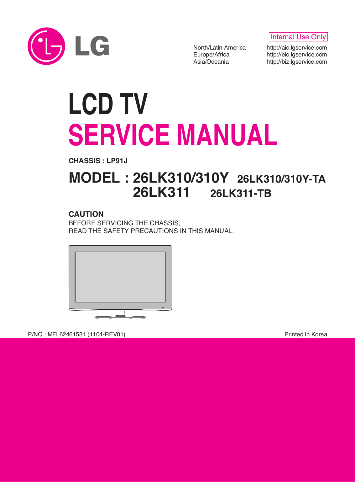 LG 26LK310, 26LK310Y, 26LK310-TA, 26LK3310Y-TA, 26LK311 Service Manual