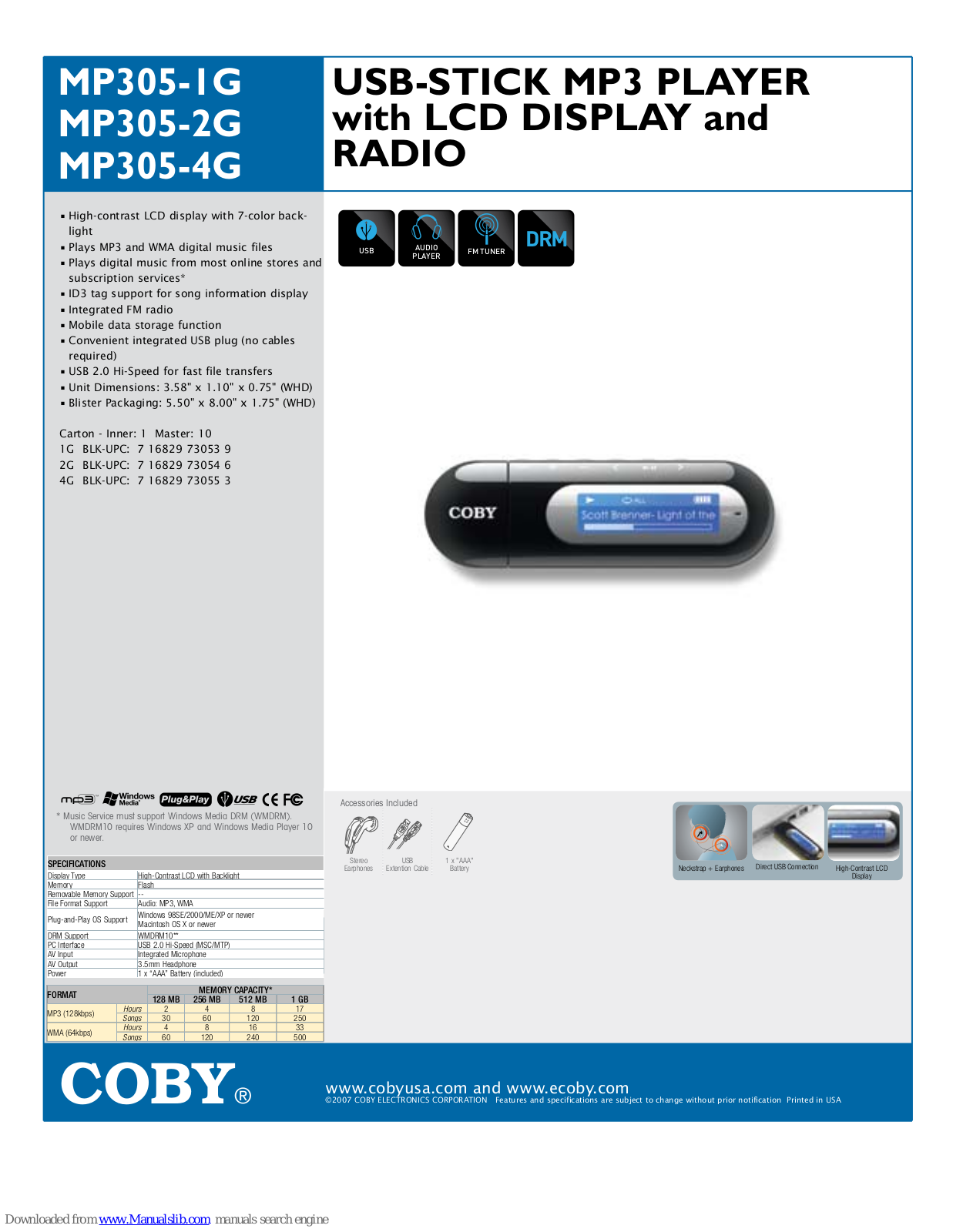 Coby MP305-1G, MP305-2G, MP305-4G, MP-305 1GB, MP-305 2GB Specifications