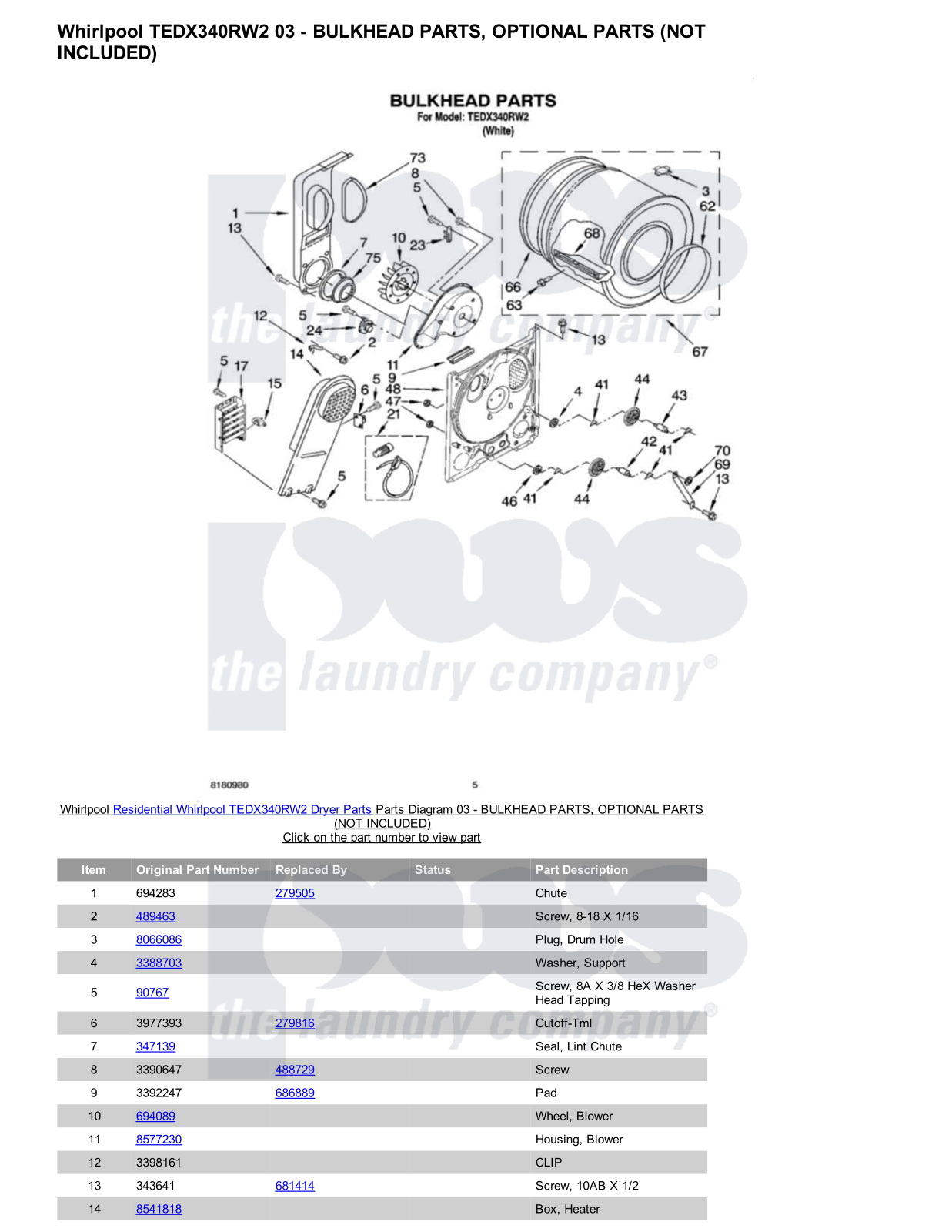 Whirlpool TEDX340RW2 Parts Diagram