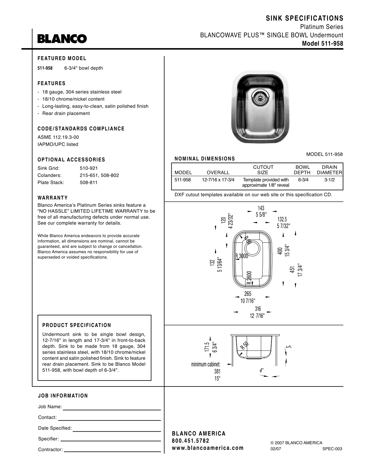 Blanco 511-958 User Manual