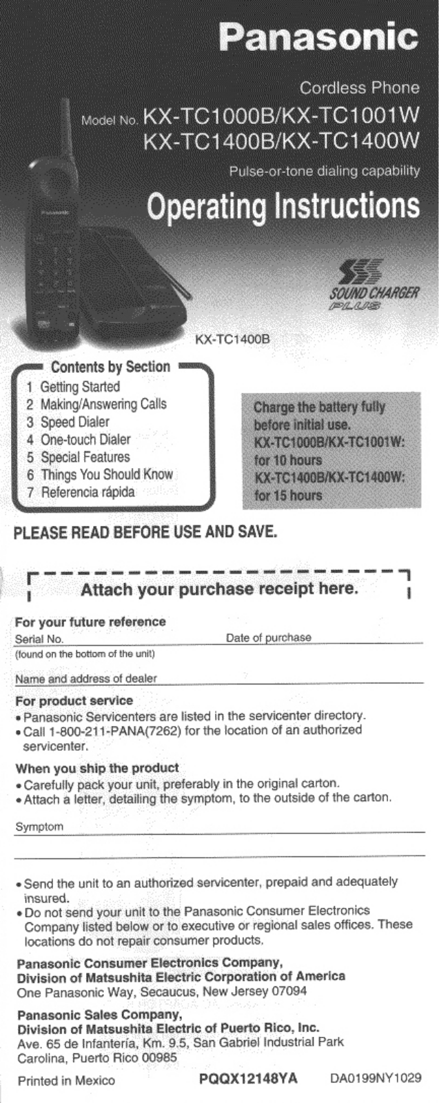 Panasonic KX-TC1000B, KX-TC1400W, KX-TC1400B, KX-TC1001W User Manual