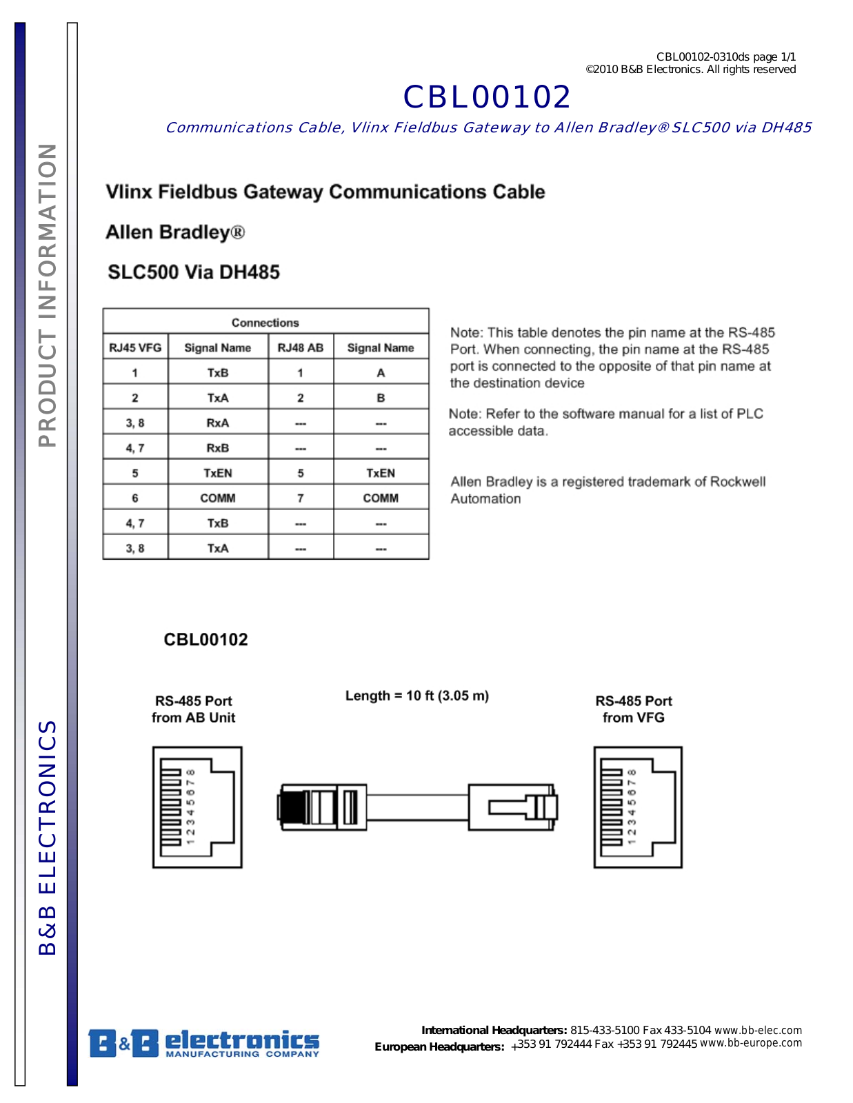 B&B Electronics CBL00102 Datasheet