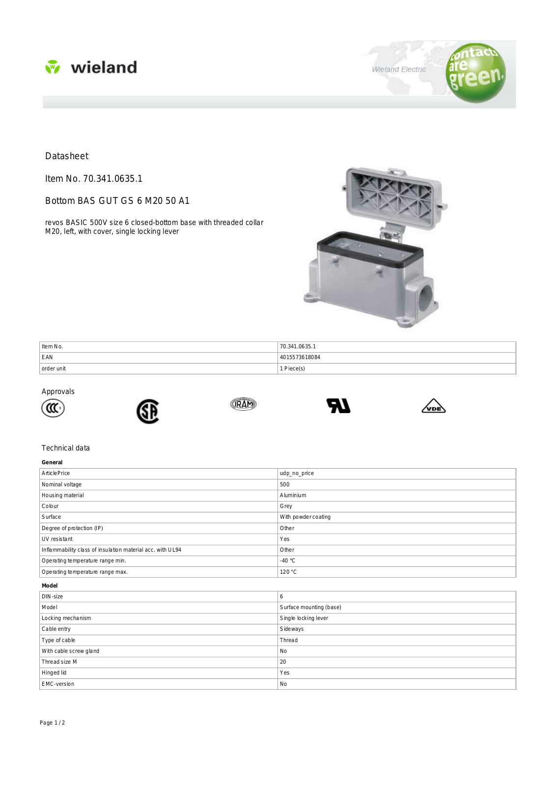 Wieland 70.341.0635.1 Data Sheet