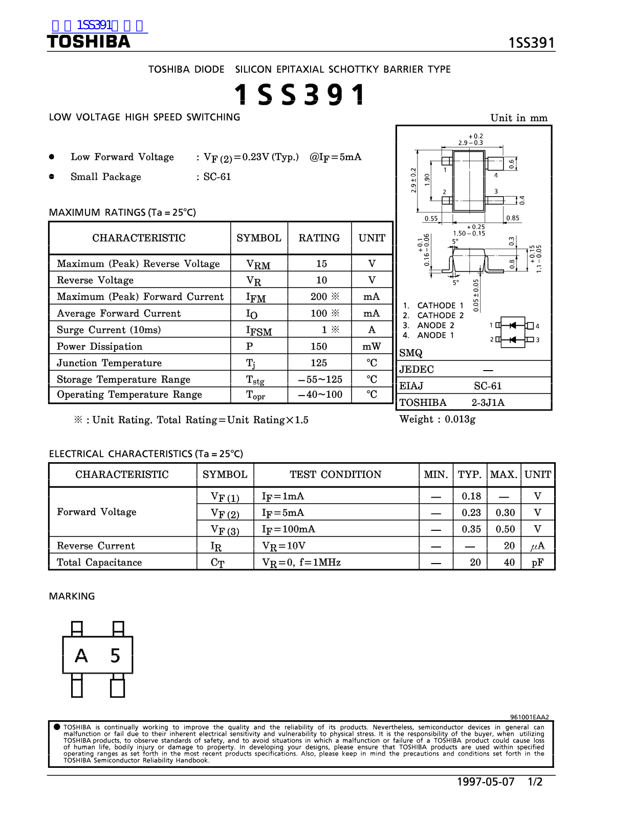 TOSHIBA 1SS391 Technical data