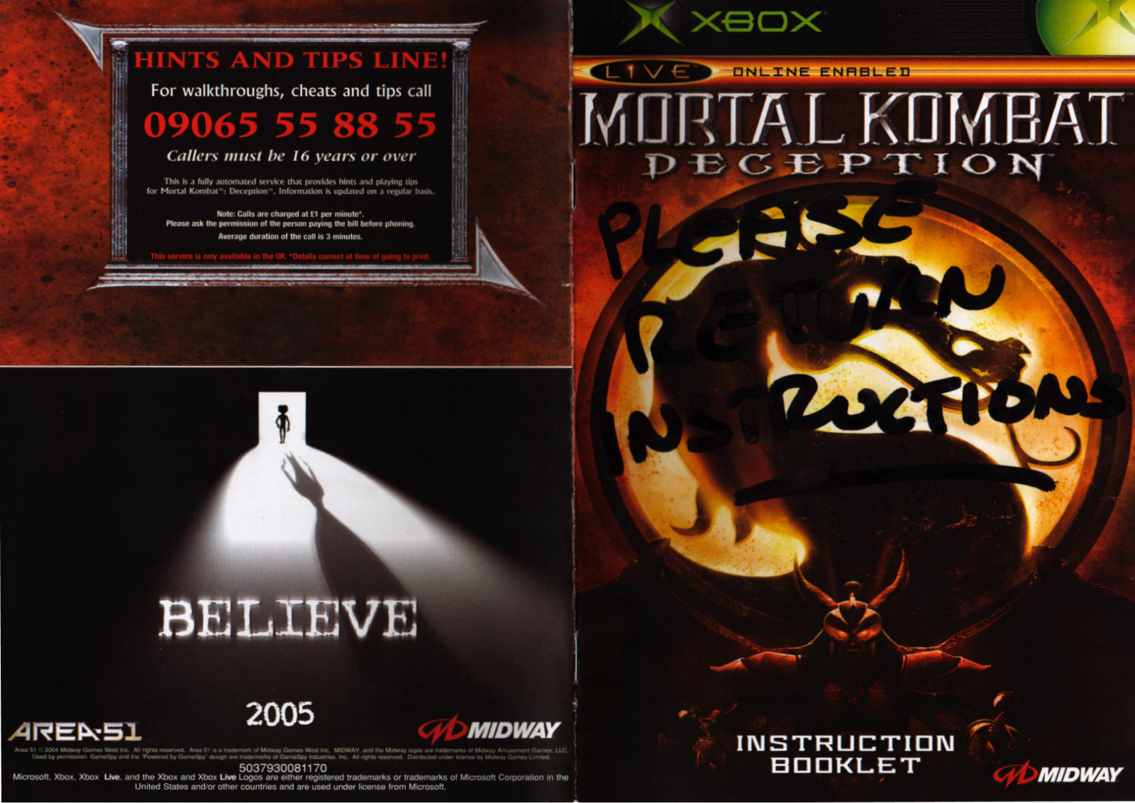 Games Microsoft XBOX MORTAL KOMBAT-DECEPTION User Manual